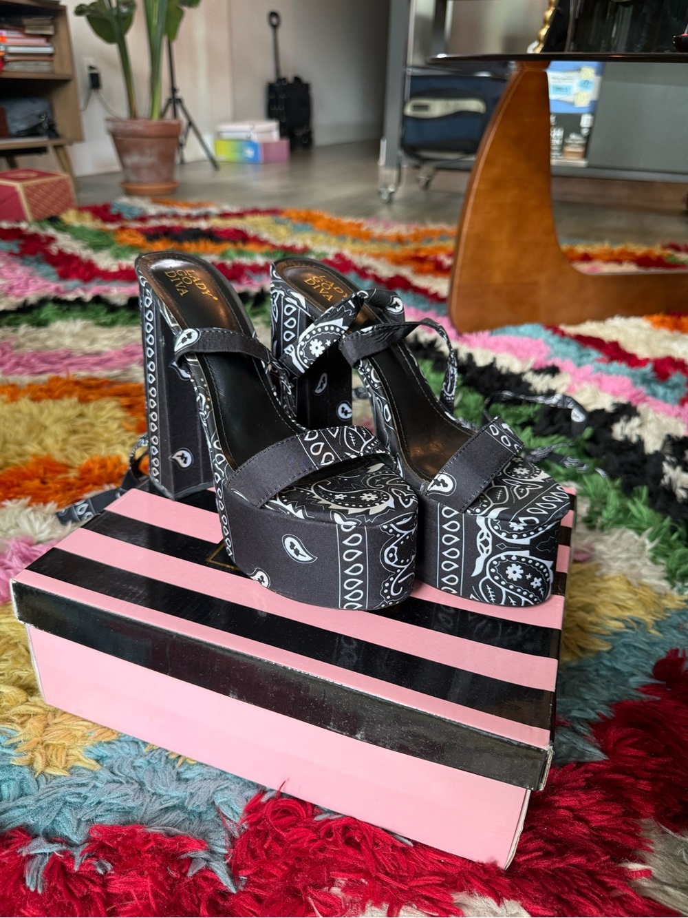 Black Bandana Print Platform Block Heels with Ankle Strap
